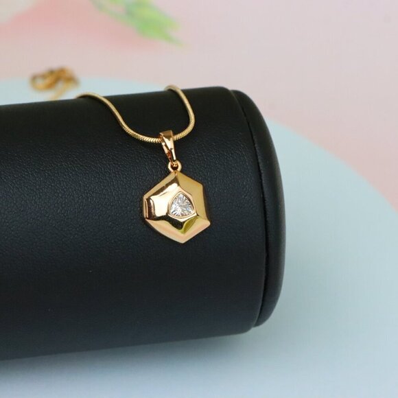 "White Geometric Gold-Plated Pendant with Trillion-Cut Center Stone, XPPT1753 - Picture 3 of 13